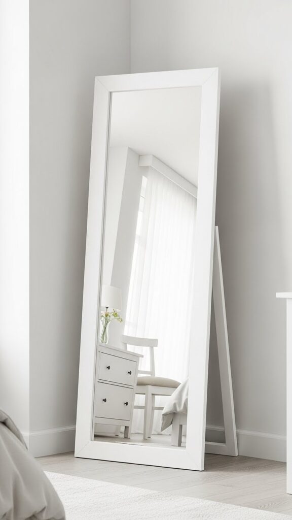 Oversized white-framed floor mirror in corner reflecting entire room making bedroom feel larger