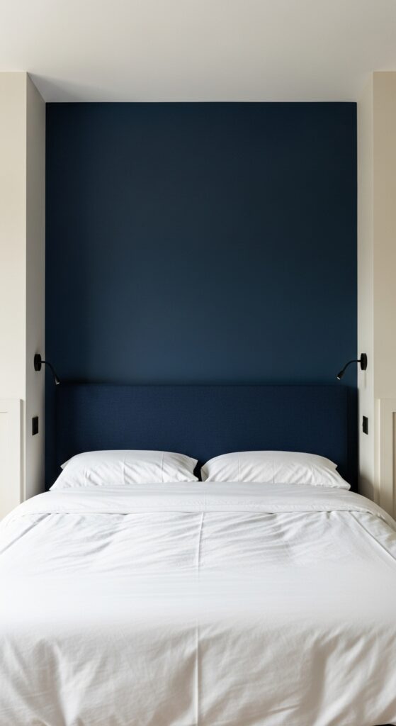 Bedroom with deep navy blue painted accent wall creating dramatic focal point