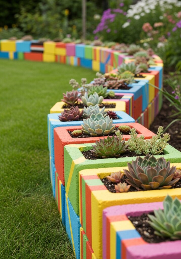Colorful painted concrete blocks creating modern planted garden border