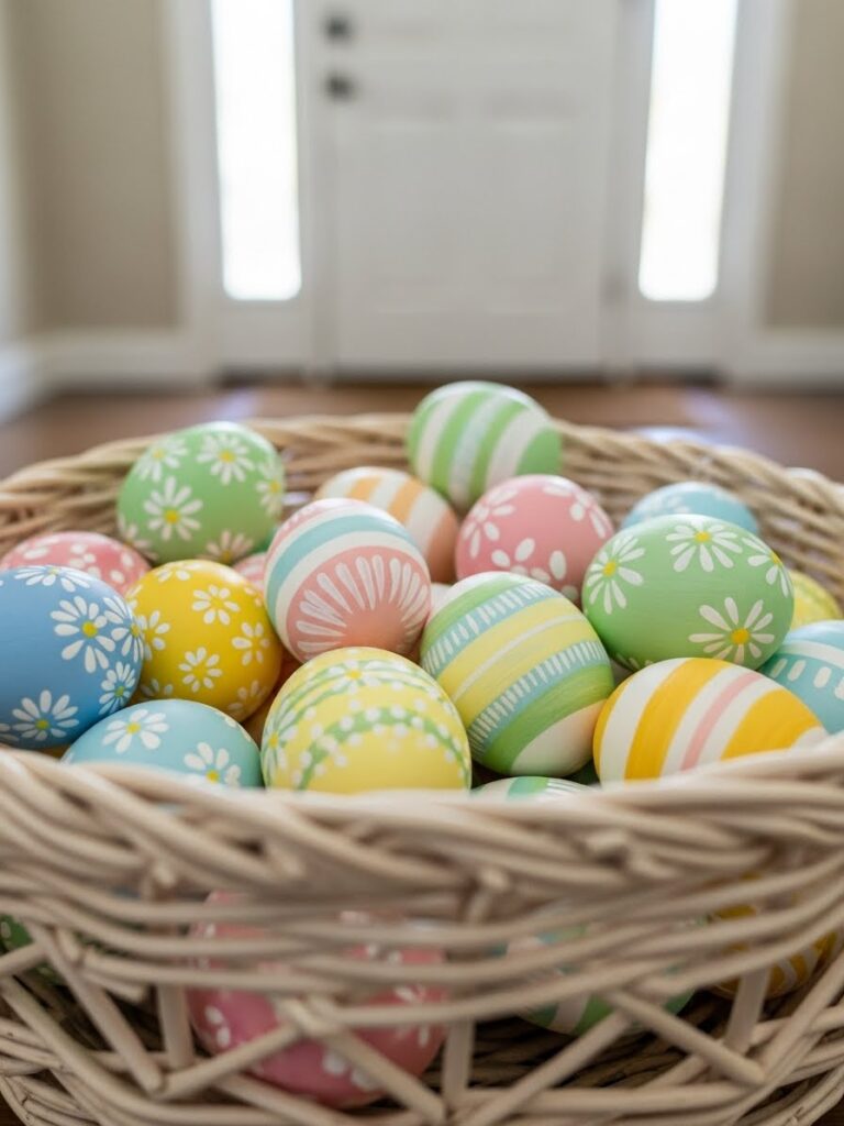 Close-up of pastel painted eggs arranged in a woven basket for spring home decor