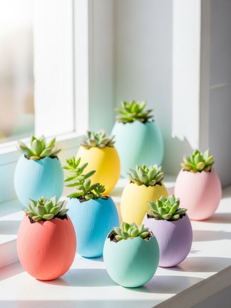 Mini succulent garden planted in colorful painted eggshells for cheerful spring kitchen decor indoors