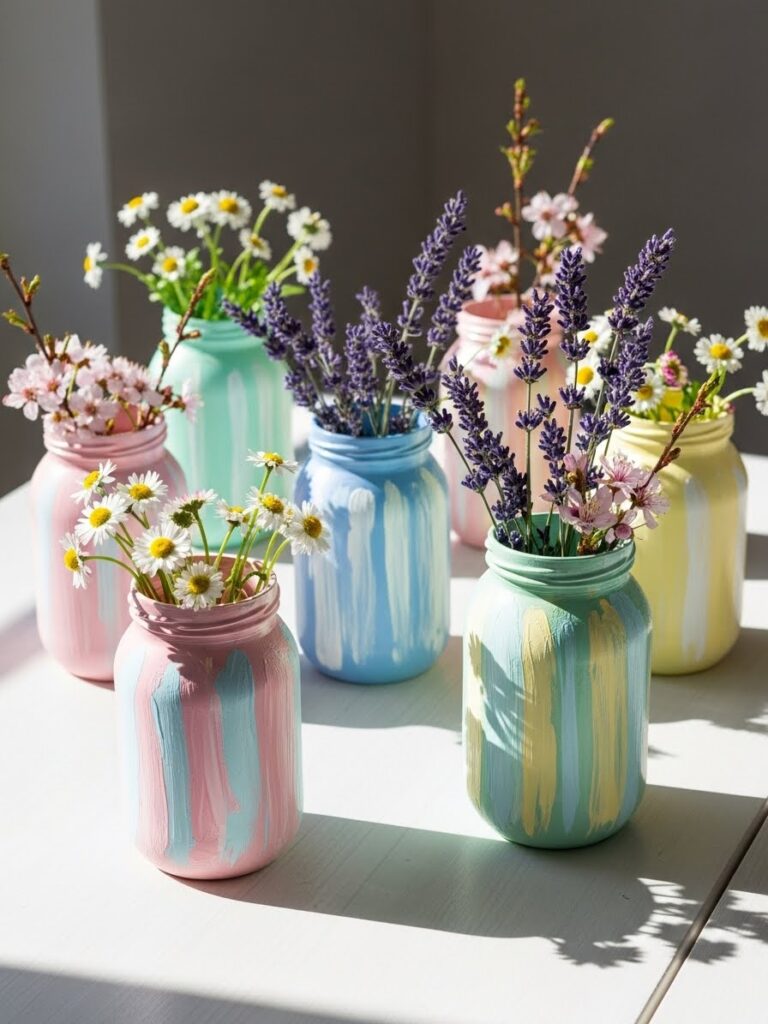 Painted mason jars styled as easy spring craft decor