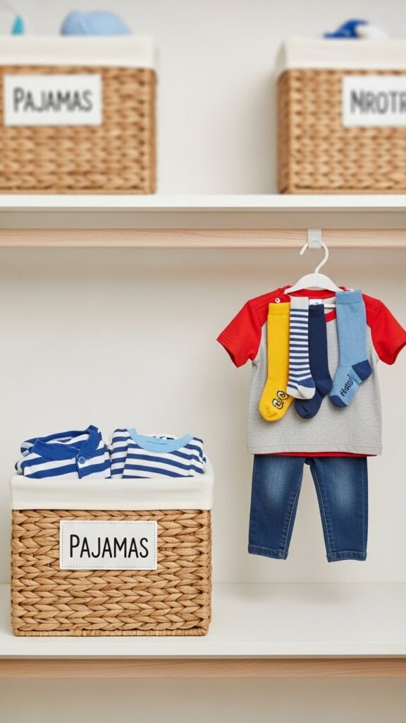 Dedicated stations for pajamas and tomorrow's outfit in toddler closet organization