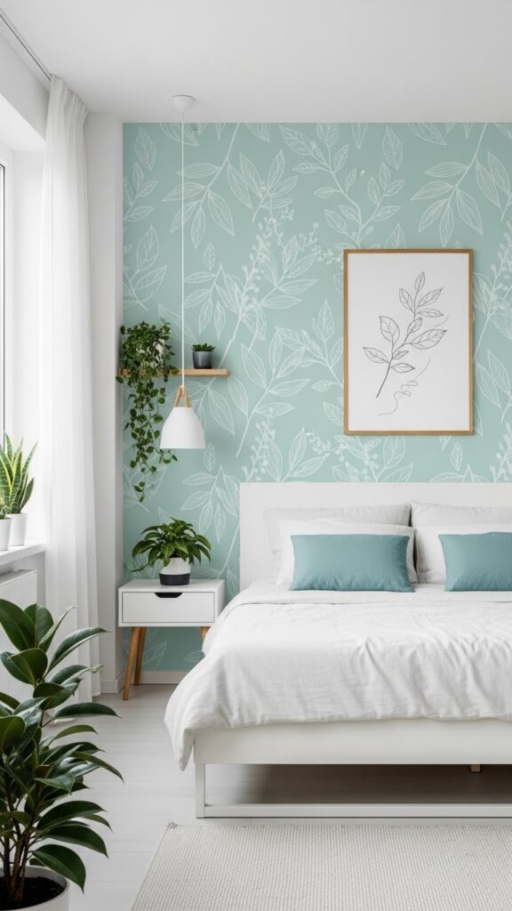 Pale aqua blue wallpaper with white botanical line drawings in Scandinavian bedroom