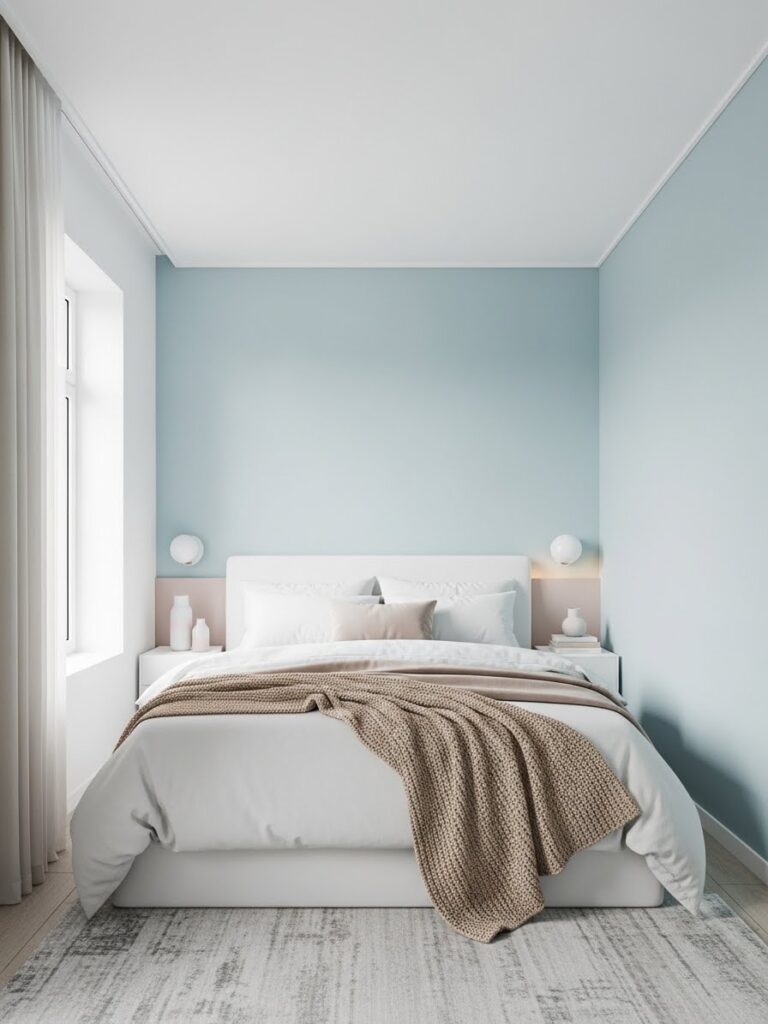 Pale blue bedroom color ideas for small rooms with bright and airy modern design
