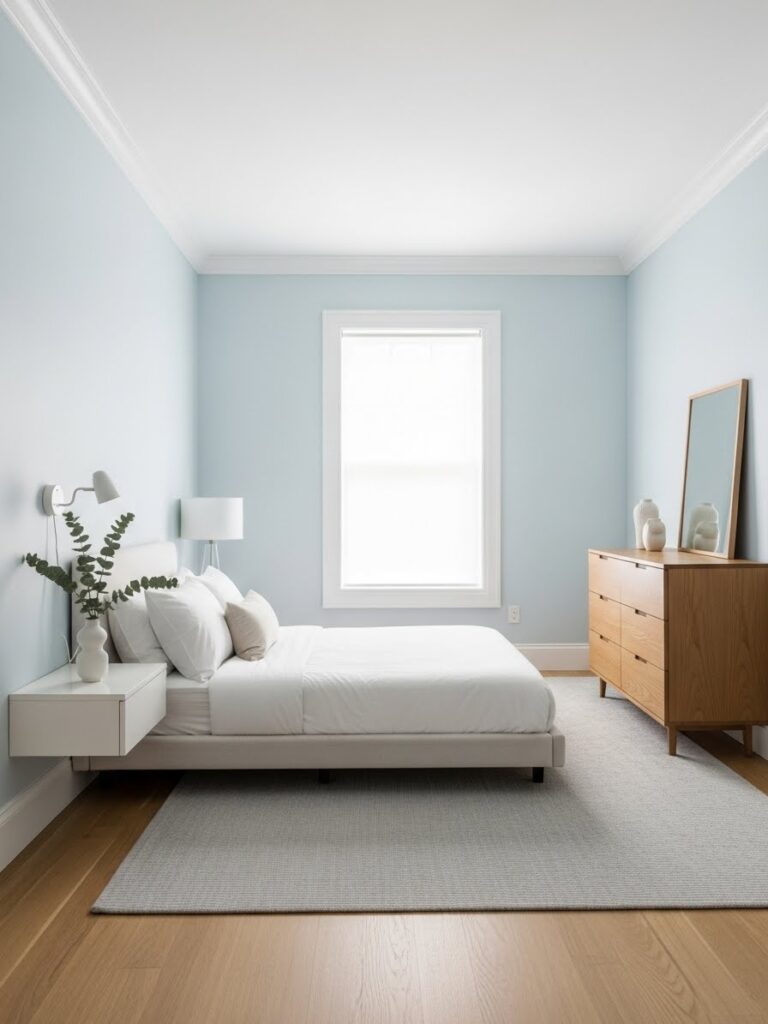 Light blue modern bedroom palette that helps small rooms look bigger