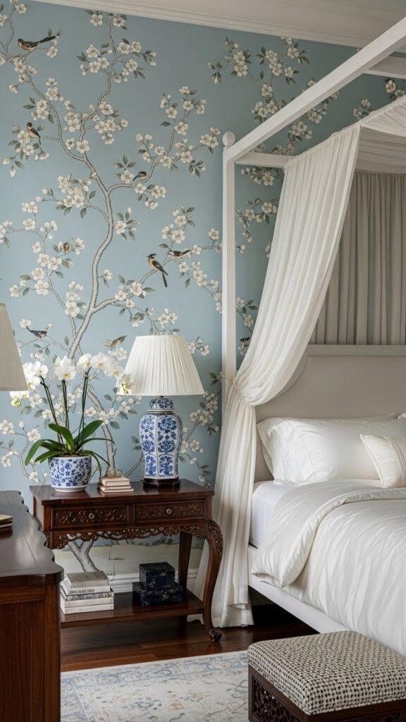 Pale blue chinoiserie wallpaper with cherry blossoms in elegant bedroom