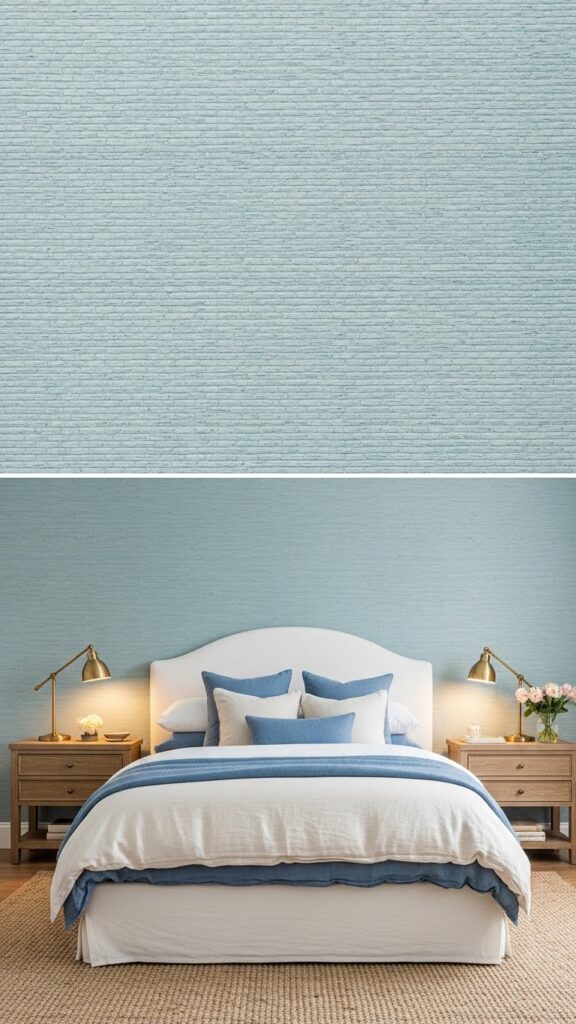 Pale blue grasscloth wallpaper with natural woven texture in elegant bedroom
