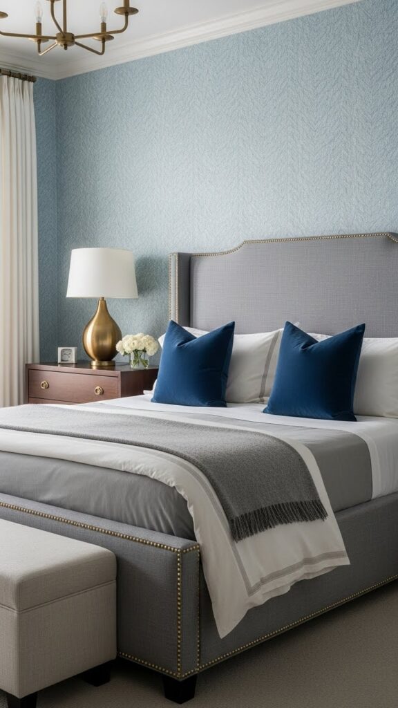Pale blue herringbone texture wallpaper in sophisticated transitional bedroom
