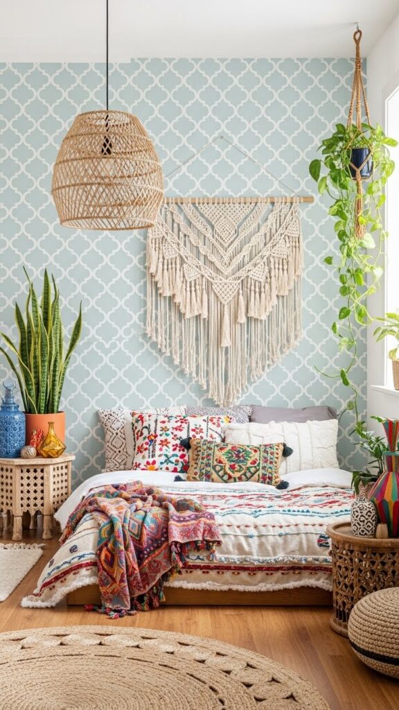 Pale blue Moroccan trellis wallpaper in bohemian eclectic bedroom