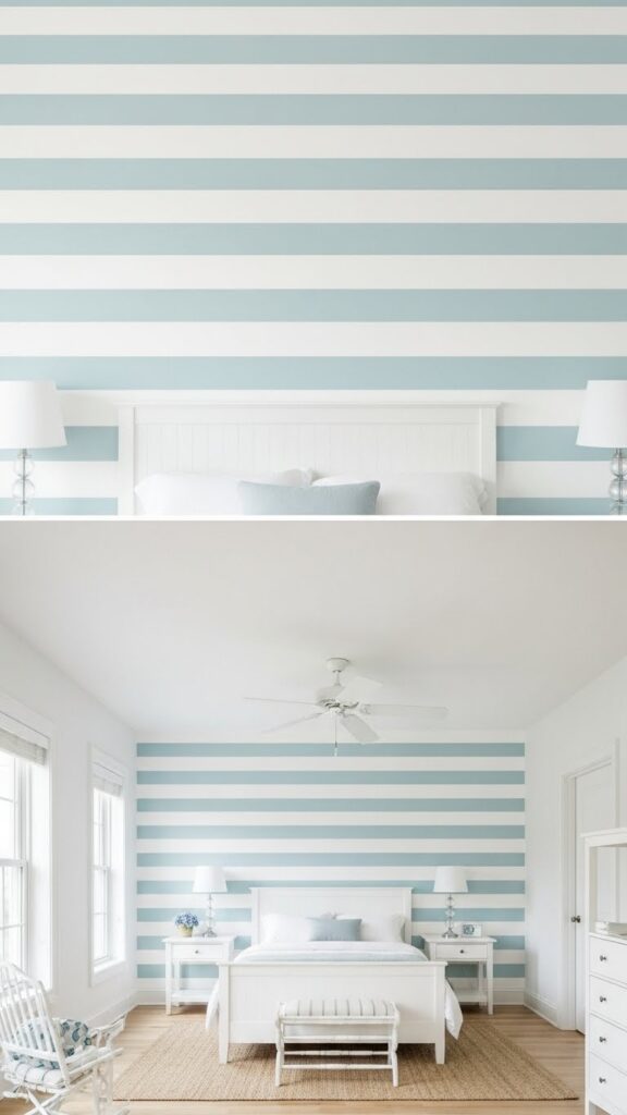 Pale blue and white horizontal striped walls creating calm peaceful bedroom