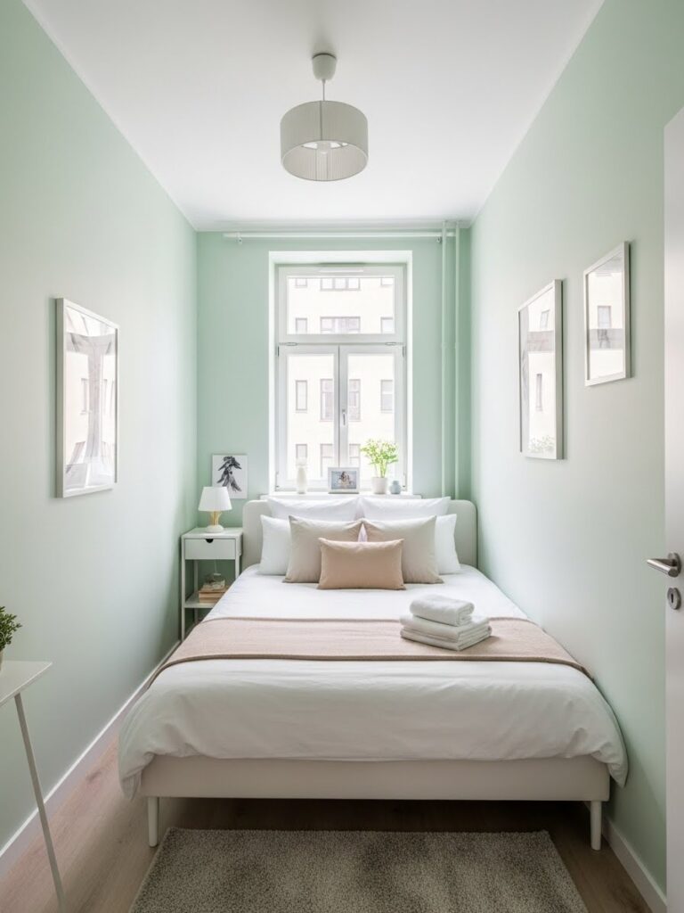 Pale green and white bedroom color palette for small rooms with fresh modern full room view