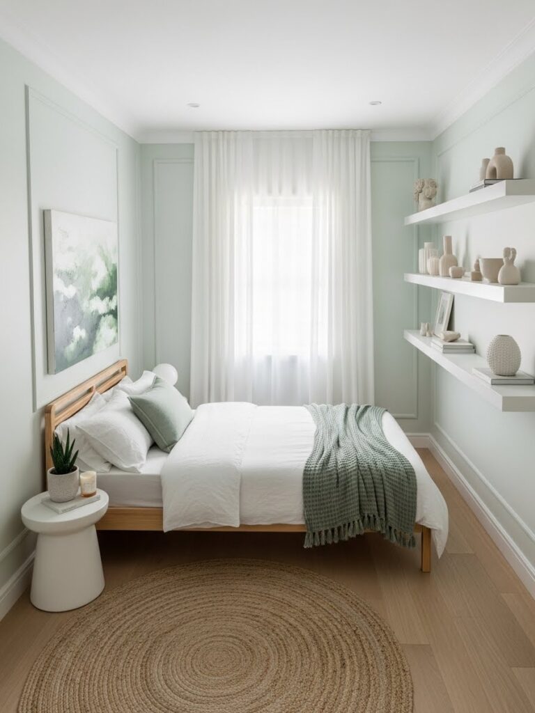 Modern pale green bedroom palette that keeps small rooms bright and open