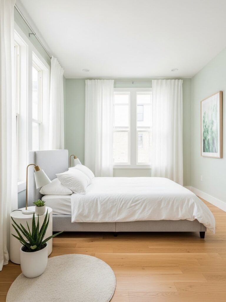 Pale green and white modern bedroom color palette with a fresh full room view