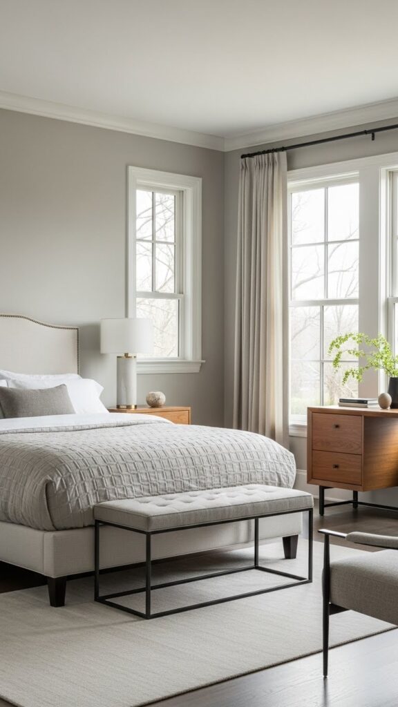 Bedroom painted in Pale Oak showing balanced warm gray with subtle complexity shifting between gray and beige