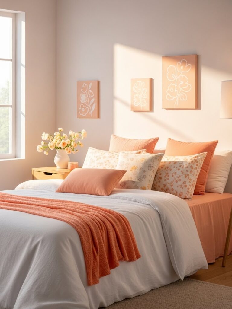 Pale peach and linen white bedroom with soft glowing aesthetic