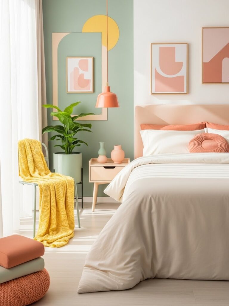 Pale peach and off-white bedroom with warm colorful styling