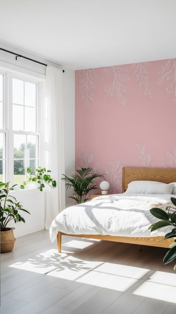 Pale pink botanical sketch wallpaper accent wall with delicate line drawings in organic bedroom