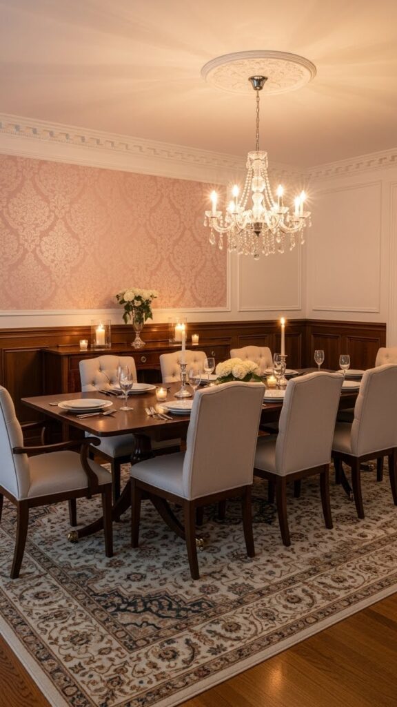 Pale pink damask wallpaper accent wall in elegant dining room