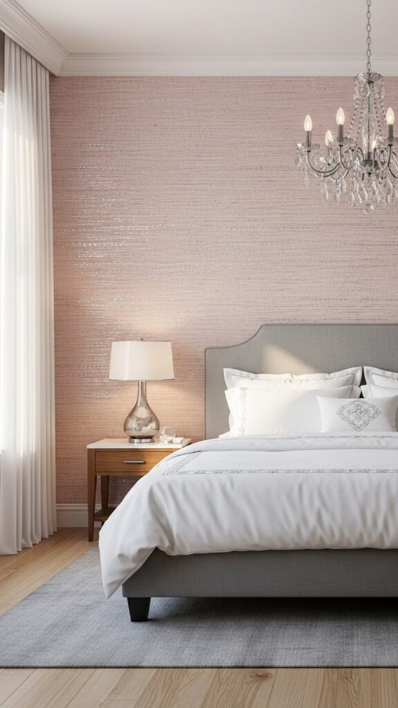 Pale pink grasscloth wallpaper with silver shimmer threads in serene elegant bedroom

