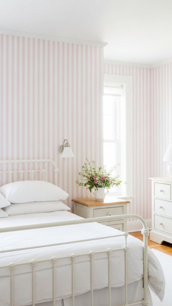 Pale pink and white vertical striped wallpaper accent wall in cottage style bedroom
