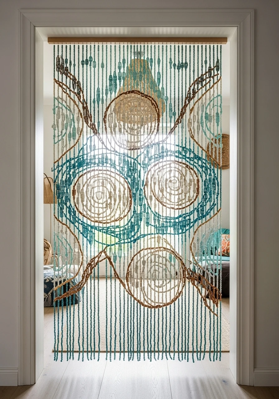 Turquoise paper bead curtain hanging in doorway as room divider