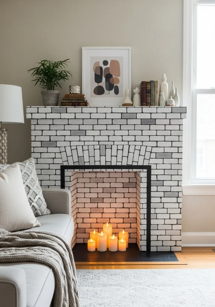 Faux fireplace made from cardboard with painted paper brick surround