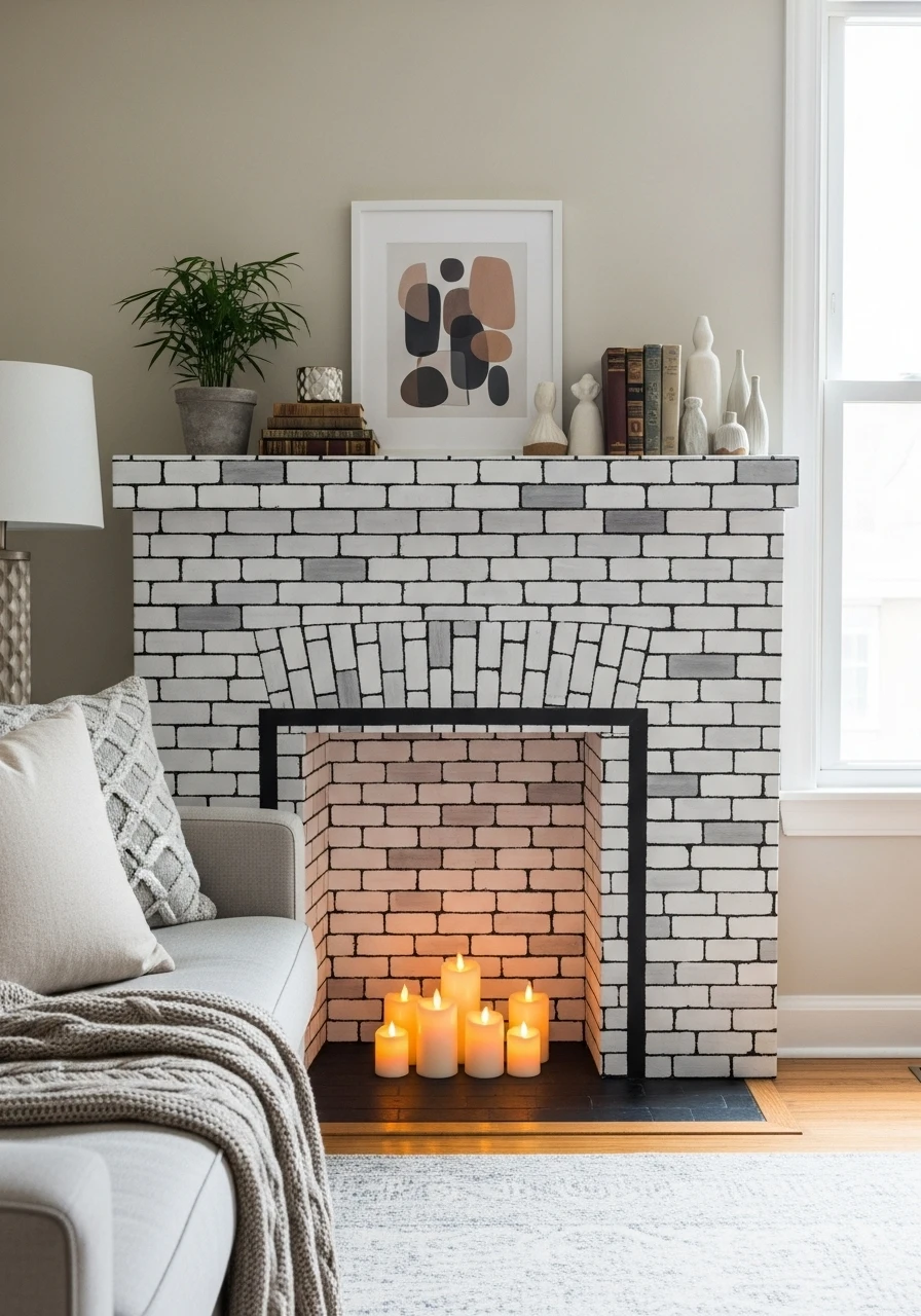 Faux fireplace made from cardboard with painted paper brick surround
