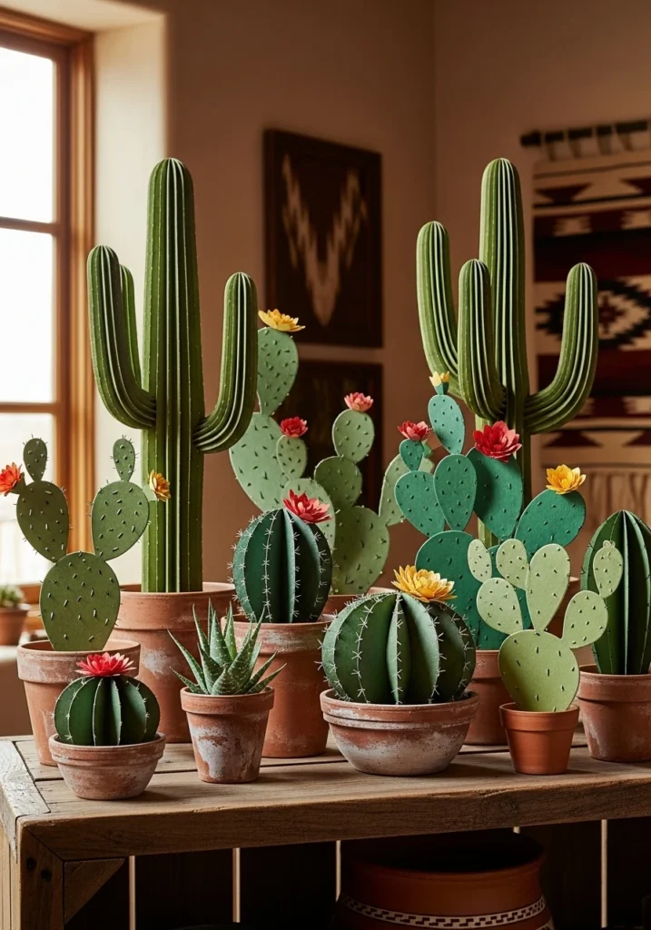 Green paper cacti in various shapes displayed in terracotta pots on shelf