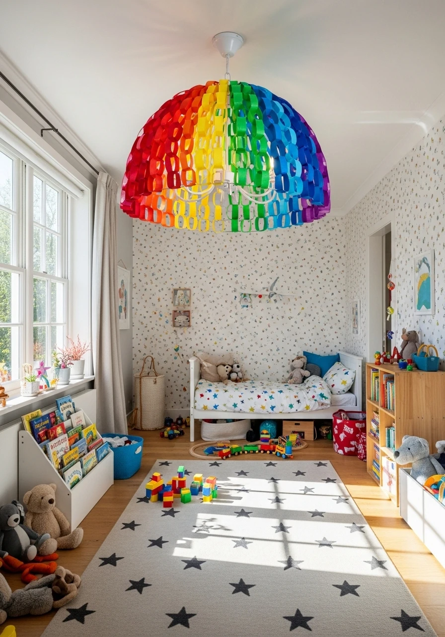 Colorful rainbow paper chain chandelier hanging in children's bedroom