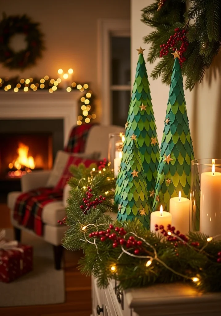 Green paper cone Christmas trees in three sizes decorated on fireplace mantel