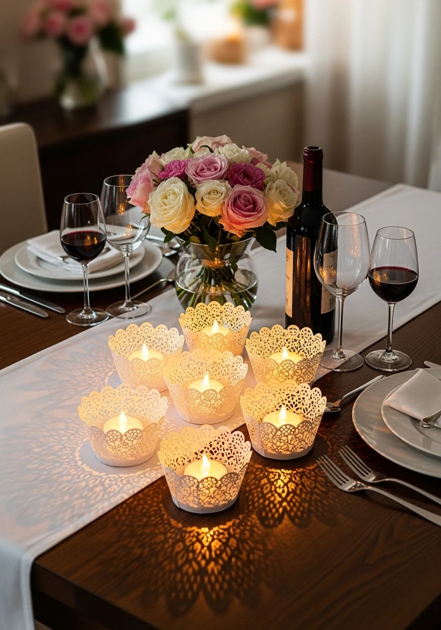 White paper doily luminaries with LED candles creating lacy light patterns