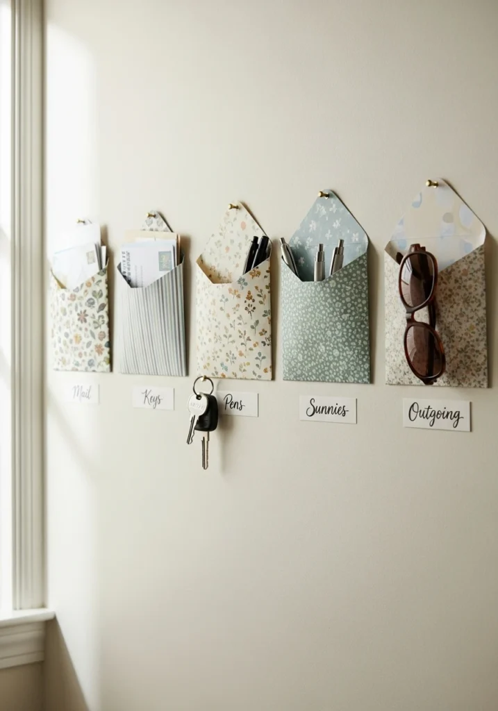 Decorative paper envelope wall pockets for mail organization in entryway
