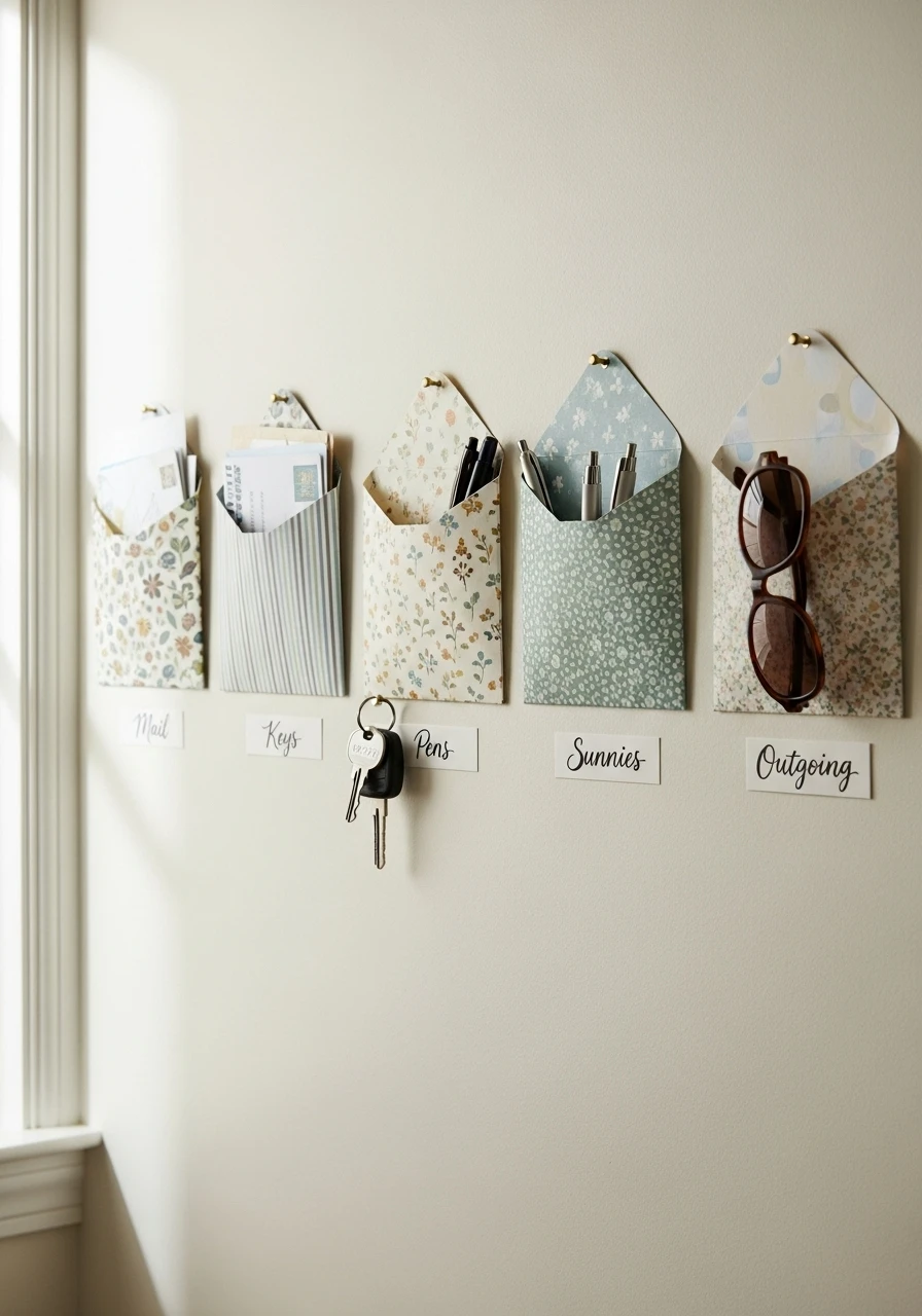 Decorative paper envelope wall pockets for mail organization in entryway