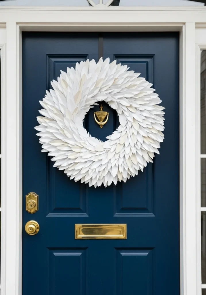 White paper feather wreath hanging on navy blue front door