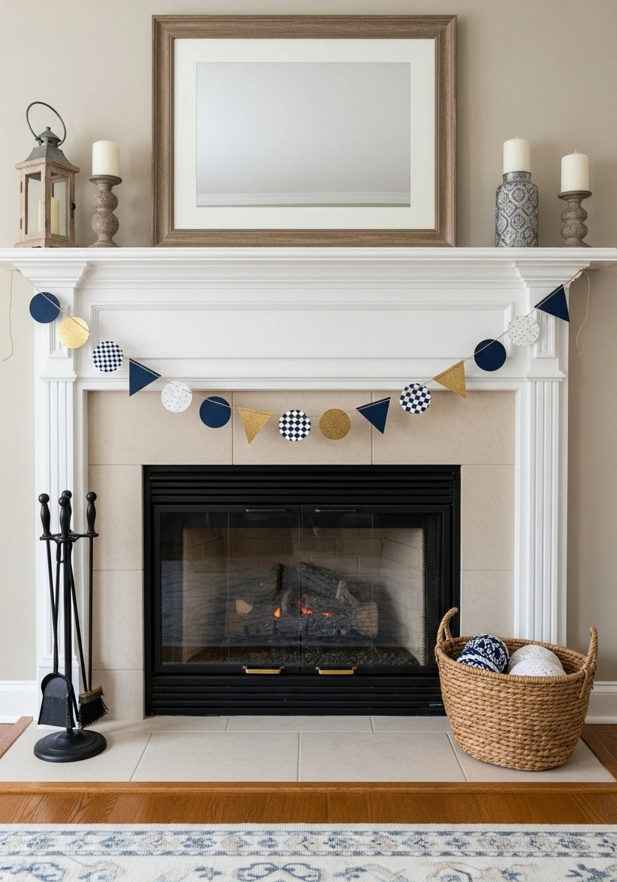 Navy and gold paper circle garland draped across white fireplace mantel