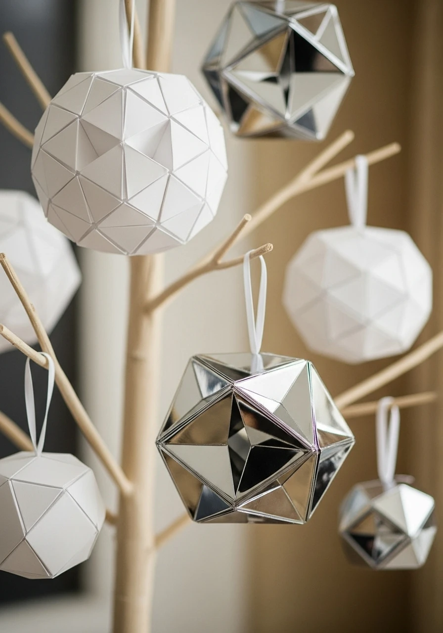 White and silver geometric paper icosahedron ornaments on modern tree
