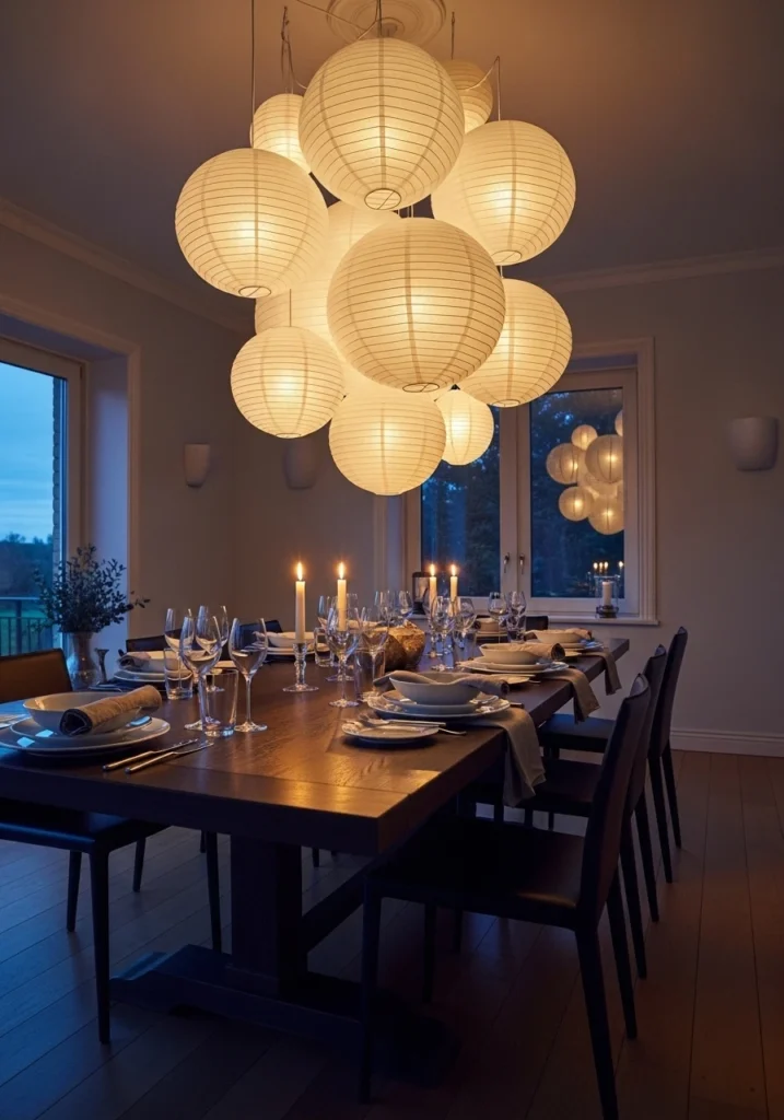 White paper lanterns in various sizes hanging above dining table creating warm ambiance