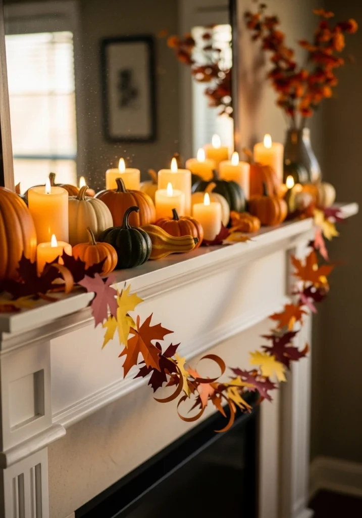 Orange red and yellow paper leaf garland decorating fall fireplace mantel
