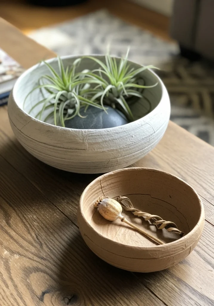  White paper mache decorative bowls on coffee table with greenery