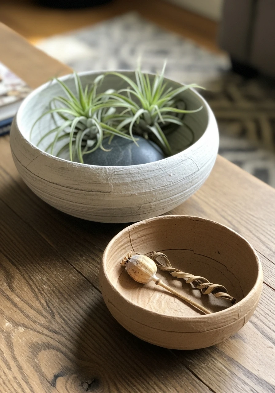 White paper mache decorative bowls on coffee table with greenery