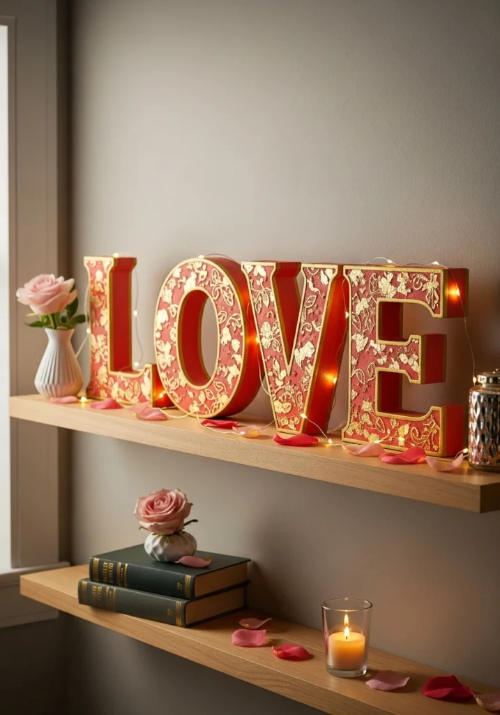 Coral and gold paper mache LOVE letters with LED lights on bedroom shelf