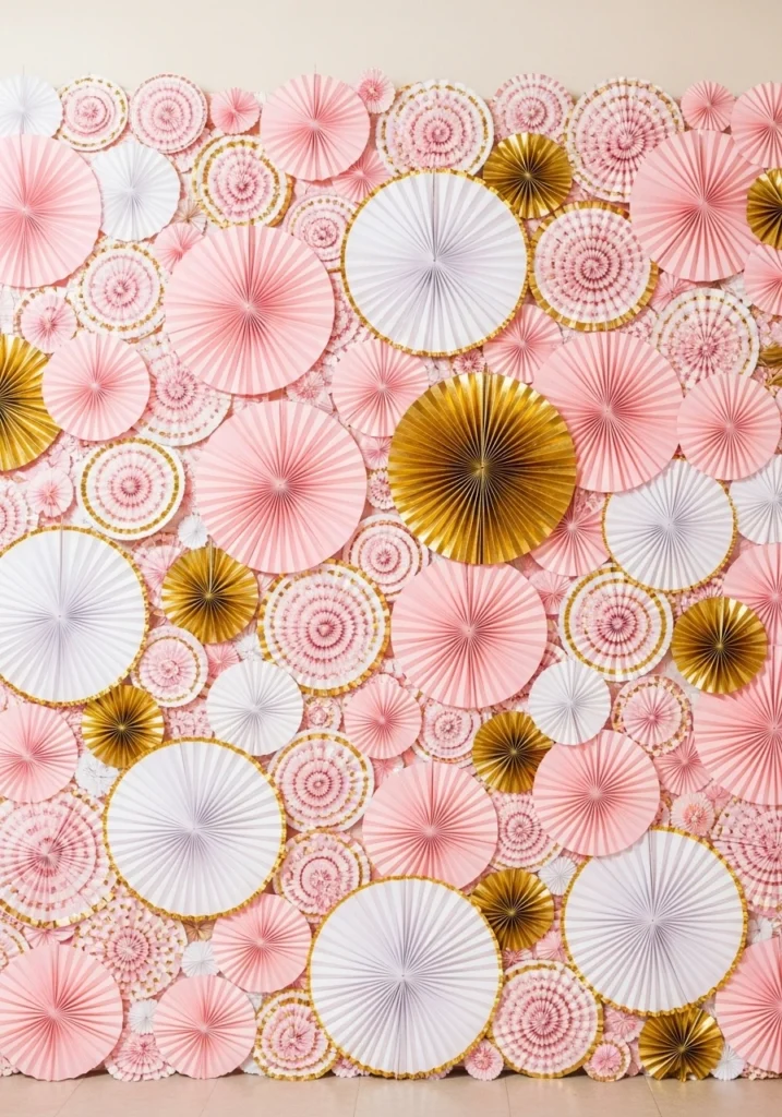 Pink and gold paper medallions covering party wall as festive backdrop