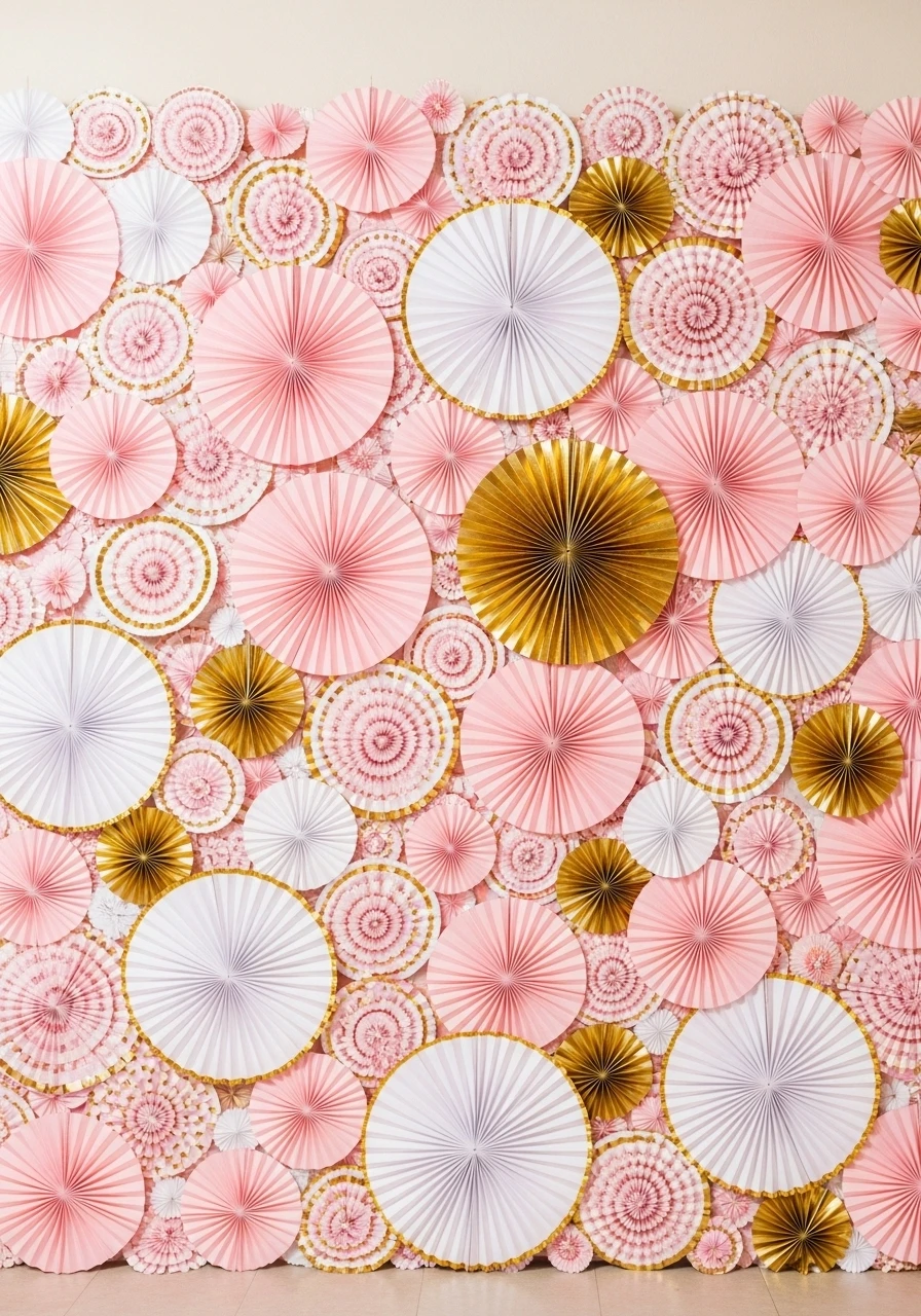 Pink and gold paper medallions covering party wall as festive backdrop