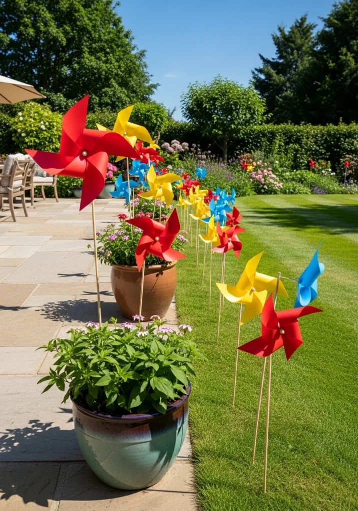 Colorful paper pinwheels on stakes decorating outdoor patio and garden