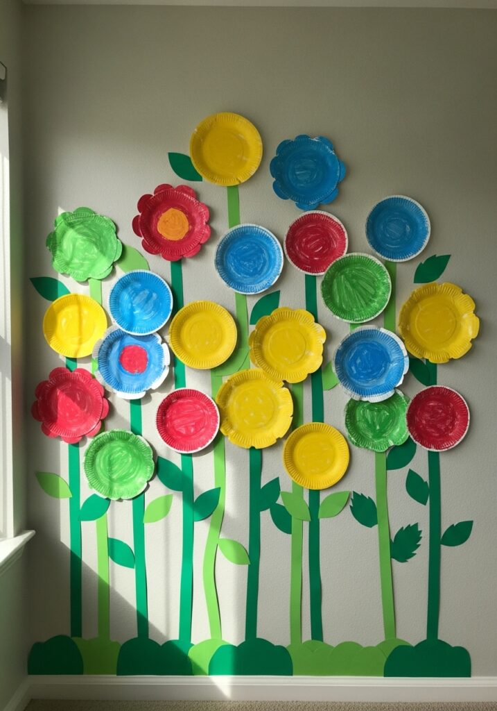 Bright colored paper plate flowers arranged on children's bedroom wall