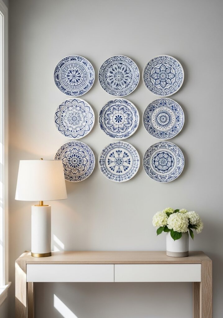 White decorative paper plates with blue patterns arranged on entryway wall