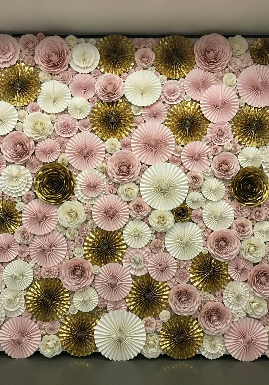 Wall covered with pink and gold paper rosette fans creating photo backdrop