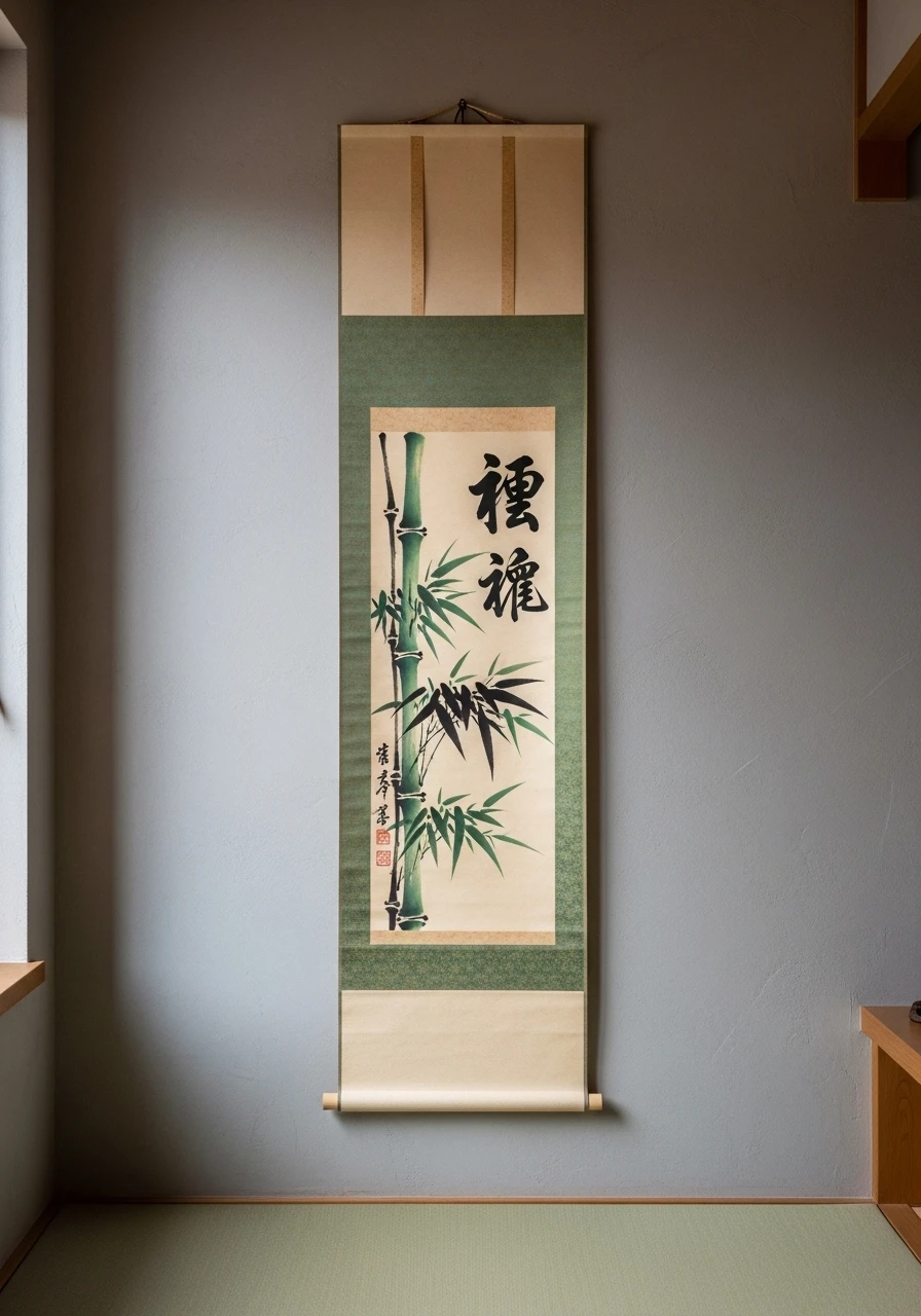 Paper scroll with bamboo painting hung on zen meditation room wall