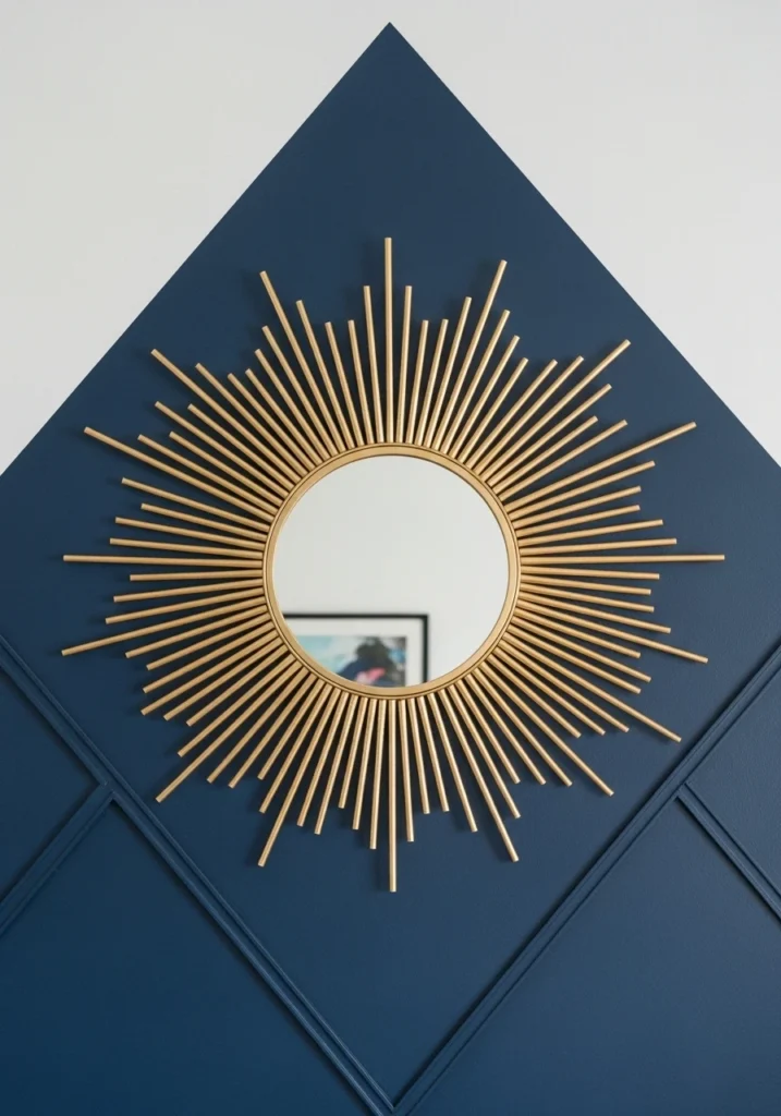Round mirror with gold paper straw sunburst frame on navy wall